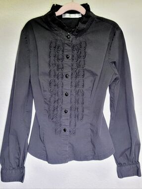 Black Blouse With Front Ruffles And On Neckline Size M But Will Fit Small